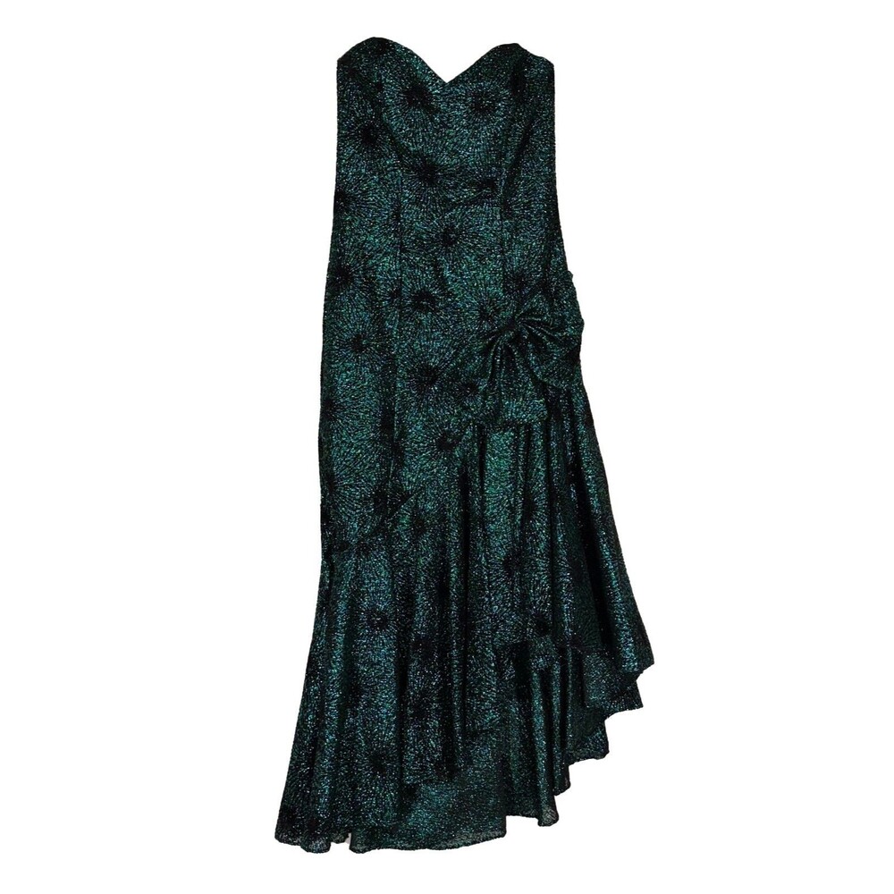 Vintage Green Metallic Cocktail Dress Bow Front Asymmetrical Hem Loralie Size 10